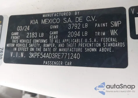 2024 Kia Forte Gt-Line z USA, uszkodzony, nr VIN 3KPF54AD3RE771240